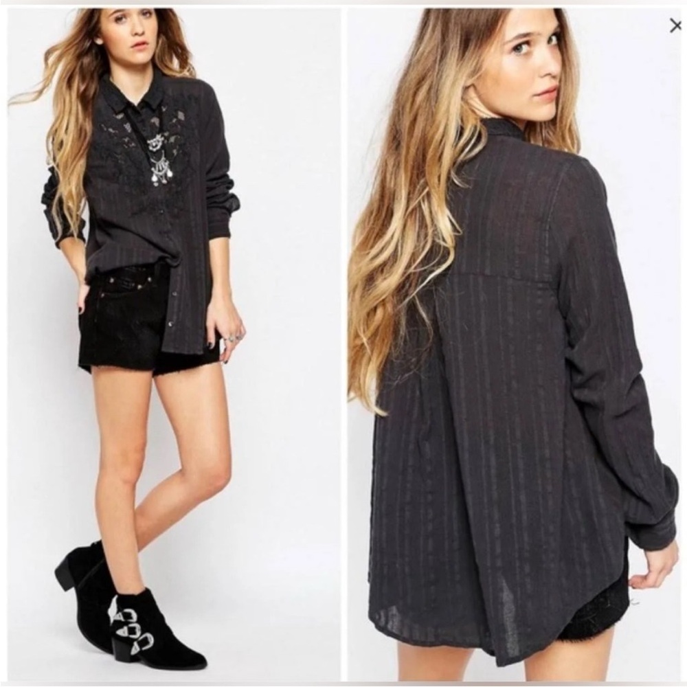 Free People Carter Dobby Embroidered Button Down Shirt Black Medium